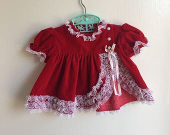 VTG Cutest One Christmas Holiday Dress Red White Velvet Sz 0-6M