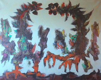 Jean Lurcat Large Original Vintage French Surreal Oil Poster Paint Modern Contemporary European Abstract Painting of Two Roosters Fighting