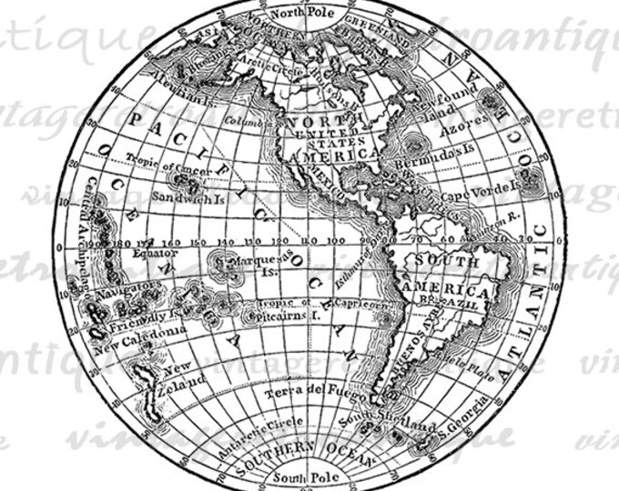 Digital Printable Antique Earth Globe Map Graphic Globe Clip Art Vintage Western Hemisphere Image Download Jpg Png Eps HQ 300dpi No.3573