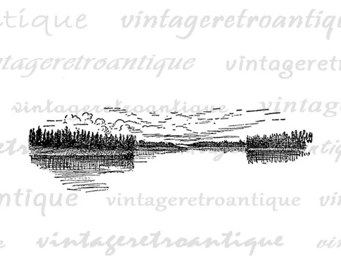 Digital Image Lake Landscape Download Illustration Printable Nature Graphic Antique Clip Art Jpg Png Eps HQ 300dpi No.875