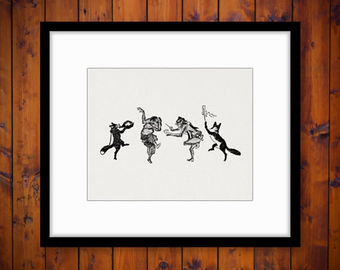 Digital Dancing Foxes Image Graphic Illustrated Printable Download Vintage Clip Art Jpg Png Eps HQ 300dpi No.1685