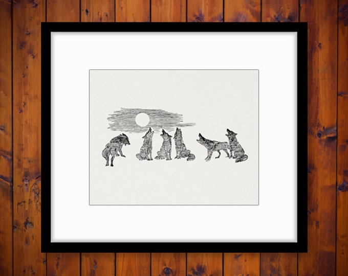 Wolves Howling at the Moon Printable Graphic Image Wolf Illustration Digital Download Artwork Antique Clip Art HQ 300dpi No.1192