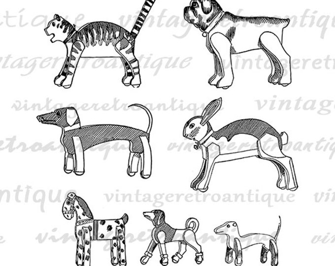 Printable Antique Animal Toys Graphic Image Dog Cat Rabbit Animals Digital Download Artwork Vintage Clip Art Jpg Png HQ 300dpi No.1734