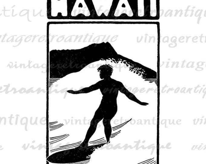 Hawaii Surfing Digital Graphic Printable Download Image Illustration Antique Clip Art Jpg Png Eps HQ 300dpi No.2153