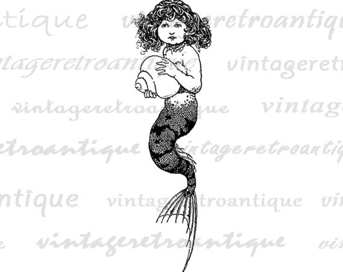 Mermaid Girl Printable Image Graphic Download Digital Illustration Antique Clip Art Jpg Png Eps HQ 300dpi No.3785