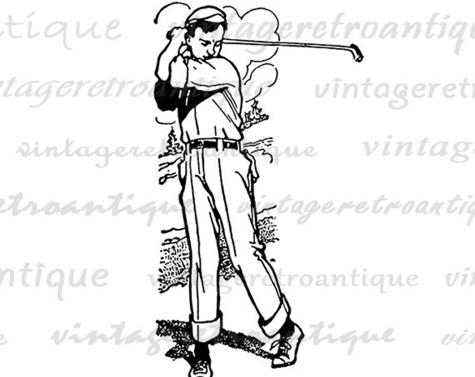 Digital Printable Young Golfer Graphic Golf Image Boy Illustration Download Vintage Clip Art Jpg Png Eps HQ 300dpi No.3796