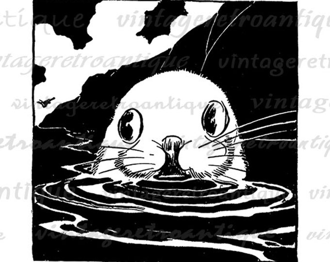 Printable Image Seal Illustration Graphic Cute Animal Digital Download Vintage Clip Art for Transfers etc HQ 300dpi No.1771