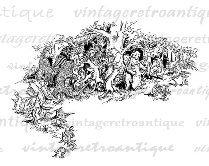 Dancing Forest Animals with Bears Rabbits Birds Digital Printable Download Graphic Image Vintage Clip Art Jpg Png HQ 300dpi No.1763