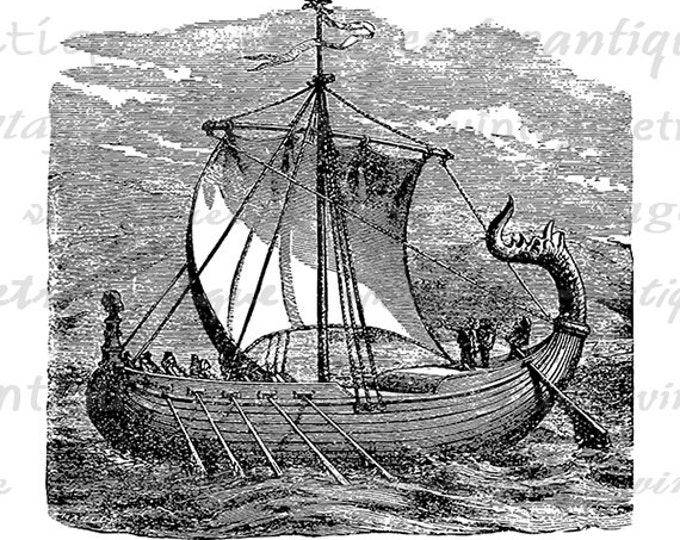 Digital Printable Viking Ship Graphic Download Image Artwork Vintage Clip Art Jpg Png Eps HQ 300dpi No.2149