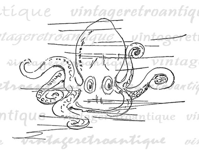 Cute Octopus Graphic Digital Image Download Cartoon Illustration Printable Vintage Clip Art for Transfers Printing etc HQ 300dpi No.1970