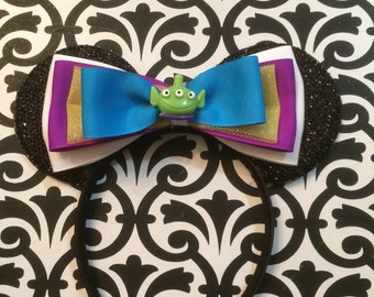 Cute Toy Story Aliens Bow inspired Black Sparkle Minnie Mouse Headband Ears