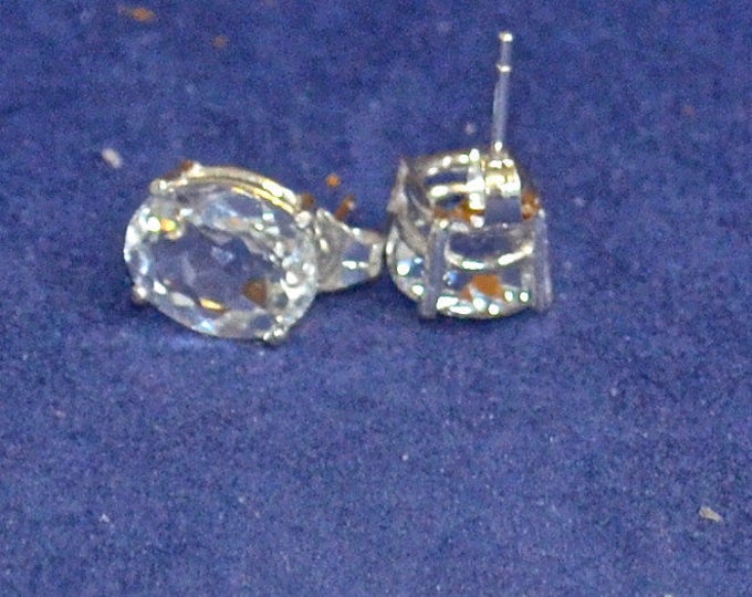 White Topaz Studs, 10x8mm Oval, Natural, Set in Sterling Silver E1005