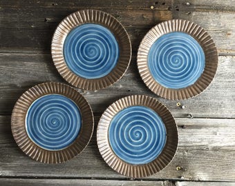 Small Plates handmade hand carved edge wheel thrown set of four blue and gold, dinnerware, serving plates, dessert plates, small bites