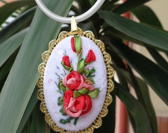 Pendant ,necklace, embroidered with silk ribbon, ribbonwork, ribbon flowers, gifts for her, unique