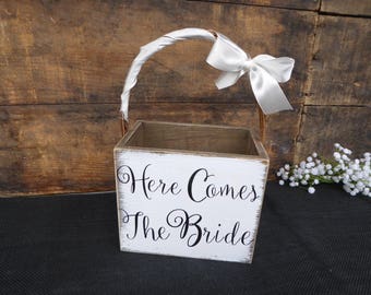 Here Comes the Bride Wood Petals Basket ~ Flower Girl Ring Bearer ~ Wedding ~ Distressed Rustic Decor