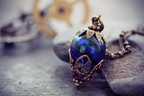 Hot Air Balloon Necklace Burlesque Cobalt Blue Glass Bead Balloon Pendant Around the World 80 Days Neo Victorian Airship Steampunk Jewelry by TheCreakingDoor steampunk buy now online