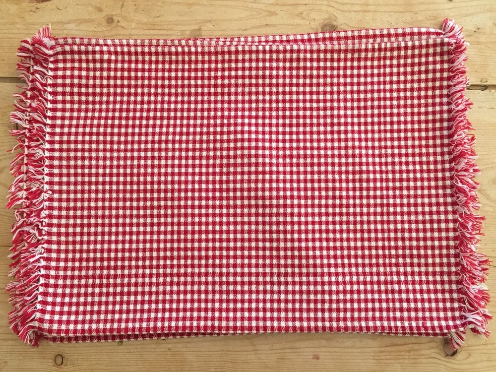 Red White Gingham Placemats, Fringed Checkered Placemats, Set of 5