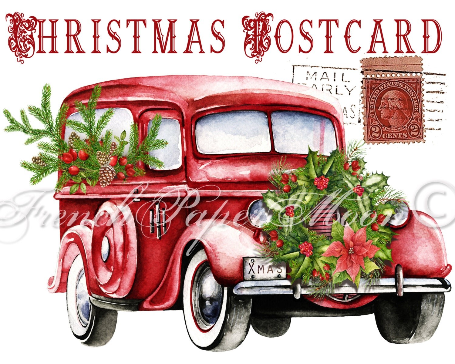 Digital Watercolor Christmas Truck Red Retro Car Vintage