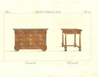 Original Antique Hand Colored Engraving,Furniture from Collection de Meubles et Objets de Goût by Pierre de La Mésangère (1761-1831)
