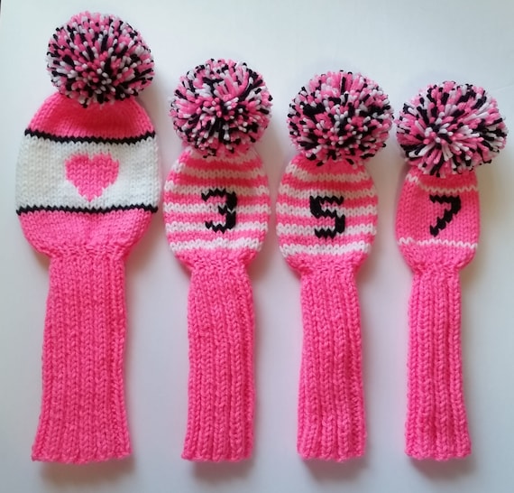 CUSTOM SET of 4 Hot Pink Hand Knit Golf Club HEADCOVERS Driver