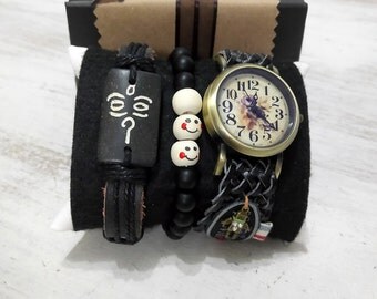 Free Fast Shipping/Knitting Leather Strap Black or Brown Leather Strap Vintage Design Watch&Bracelets Set