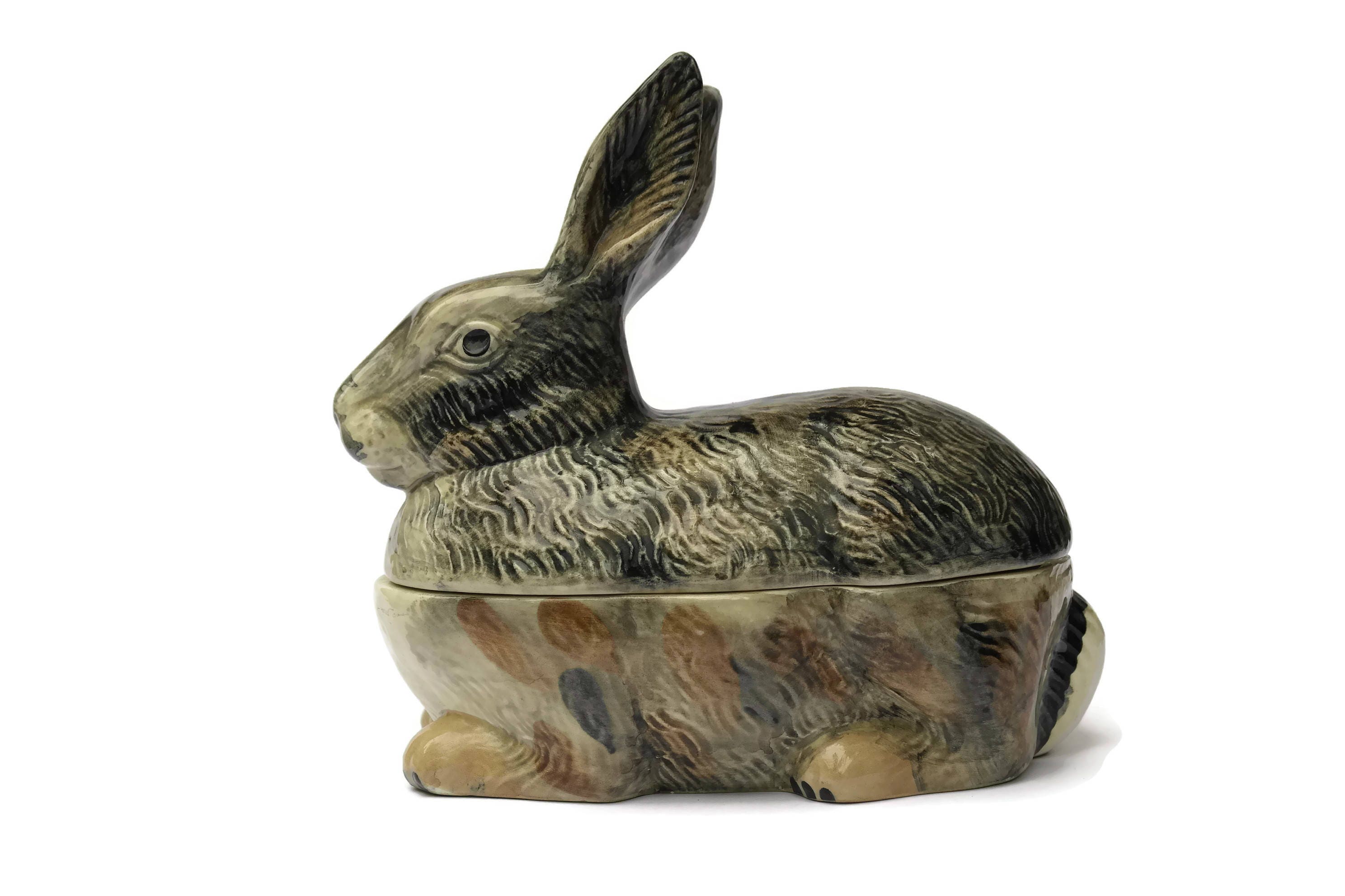 Vintage Pottery Rabbit Tureen. Glazed Ceramic Bunny Rabbit Casserole