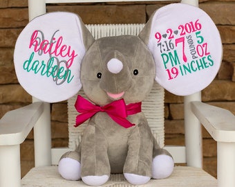 Birth Announcement Elephant- Keepsake- Gray Elephant- Baby gift- Personalized Stuffed Animal- Baby Shower Gift- Birth Stat Elephant- Dumble