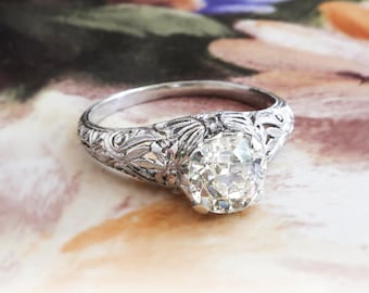 Edwardian Engagement Ring 1915 Antique Old European Cut Diamond Butterfly Floral Filigree Wedding Anniversary Solitaire Ring Platinum