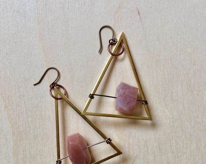 Sunstone pink dangle earrings / brass triangle earrings / simple statement earrings / everyday earrings