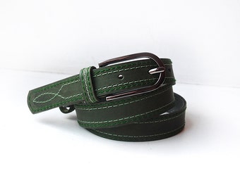 Dark green leather belt, leather belt with two colour threads stitching. ALL SIZES