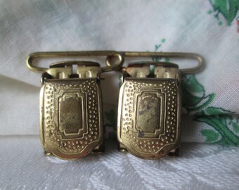 Vintage Suspender Clips, Brass Colored Detailed Clips