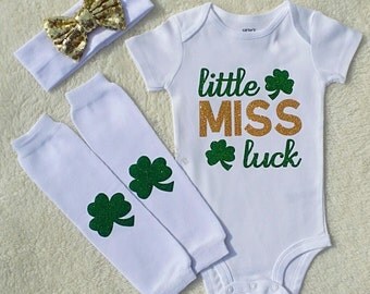 St Patricks Day Baby Girl Outfit, Baby Girl Coming Home Outfit, St Patricks Headband, Baby Leg Warmers, Little Miss Luck, © Liv & Co.™