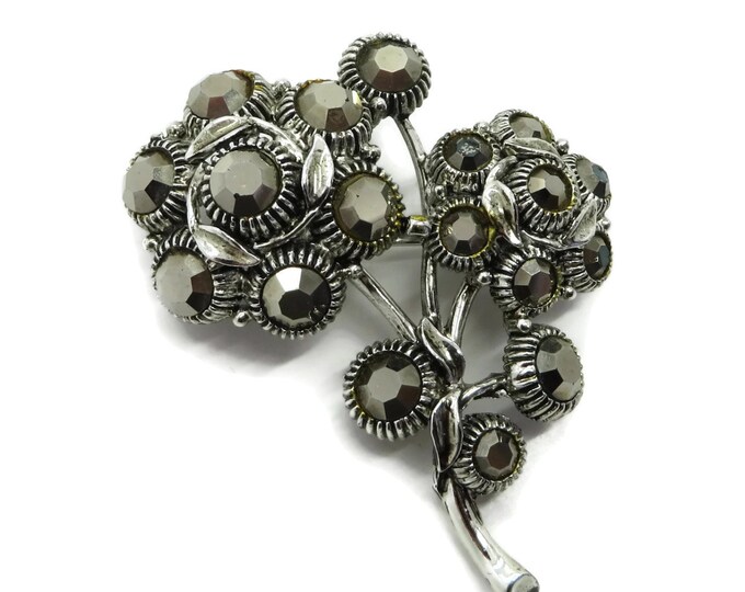 ON SALE Vintage WEISS Hematite Rhinestone Silver Tone Flower Brooch Pin