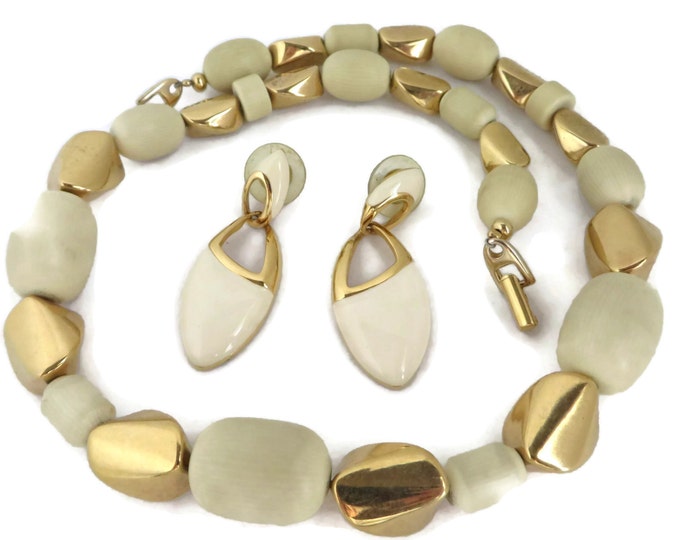 Napier Necklace and Earrings Set, Vintage Cream and Gold Tone Demi Parure