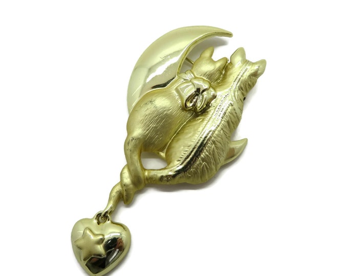 Vintage AJC Cattails Brooch, Lovebird Cats, Moon Gold Tone Pin