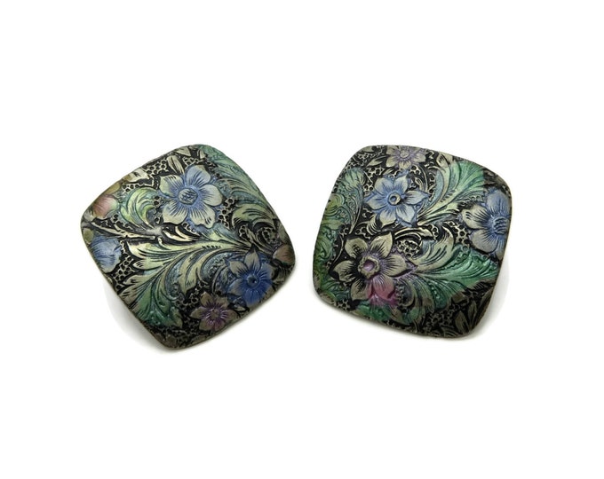 Vintage Etched Flower Pierced Earrings, Painted Floral Square Pierced Studs