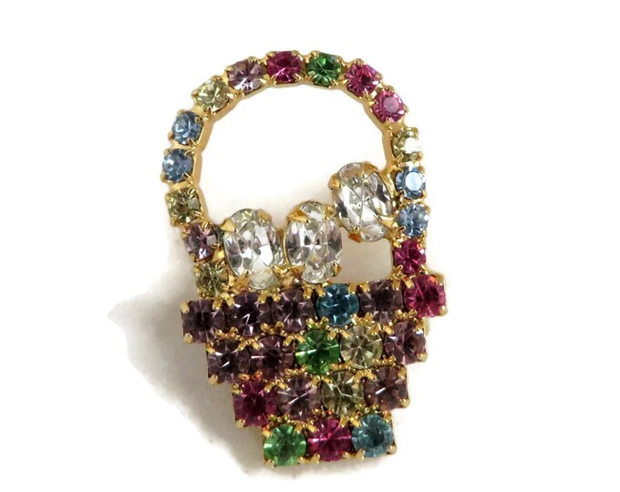Vintage Rhinestone Fruit Basket Pin, Red, Green, Blue, Purple, Yellow, White Gold Tone Basket Pin