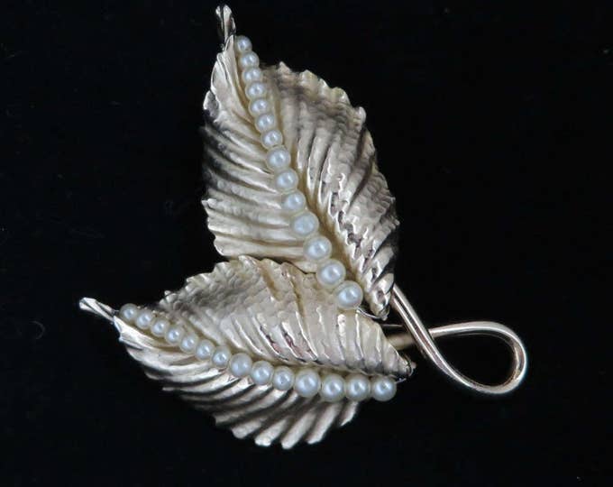 Napier Leaf Brooch, Vintage Faux Pearl Double Leaf Gold Tone Brooch, Signed Napier Jewelry Gift for Her, Gift Box