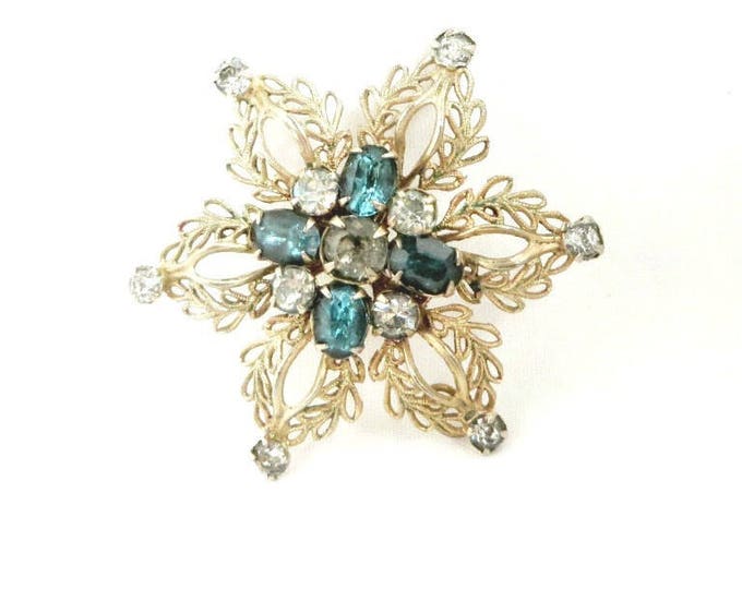 ON SALE! Scitarelli Brooch Pendant, Signed Blue Rhinestone Filigree Mid Century Vintage Estate Gold Metal Pin