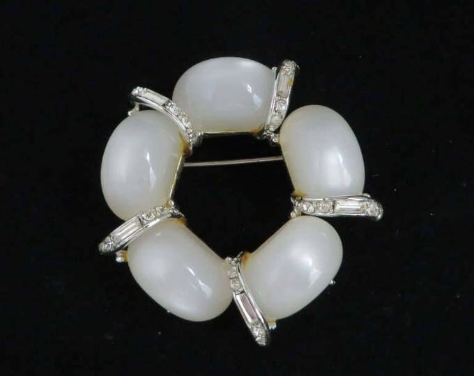 Kramer Brooch - Vintage White Moonstone Pin, Signed Designer Brooch, Crystal Baguette Wreath Pin, Gift Boxed