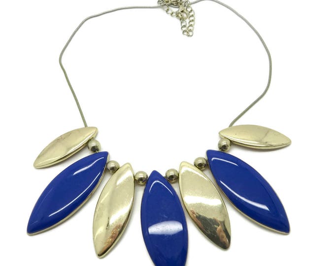 Blue Gold Bib Necklace, Vintage Cobra Chain Rolling Discs Necklace
