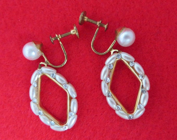 Faux Pearl Earrings, Rhinestone Studded Dangles, Vintage Oval Hoop Screw Back Earrings