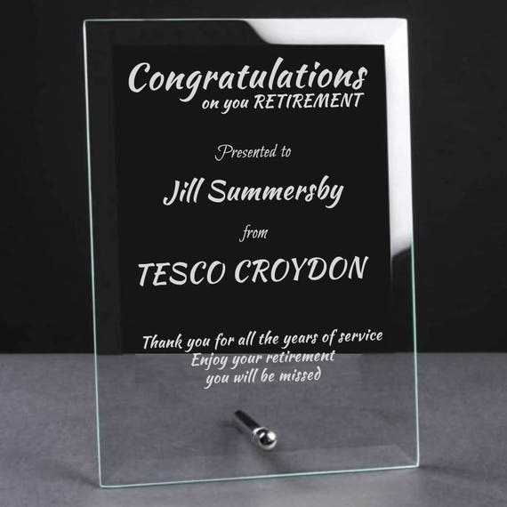 Personalised Engraved Retirement Glass Plaque Leaving Gift