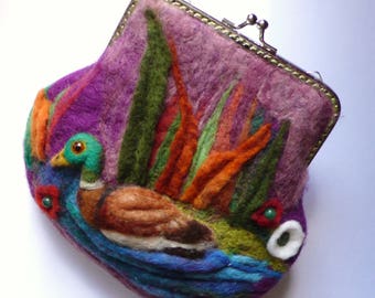 Wet Felted Mallard duck coin purse Ready to Ship with gift wrapping, frame metal closure Kiss lock gift for her
