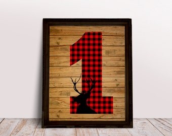 First Birthday buffalo plaid 1, Lumberjack First Birthday, Lumberjack Party, Lumberjack Birthday Decor, Deer head, PRINTABLE 8x10 & 5x7