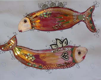 Flirty Fish Series, The Twins, mixed media acrylic painting on paper