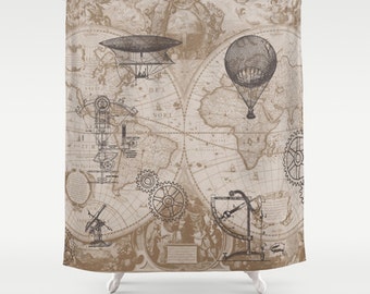 Steampunk Style Shower Curtain - hot air balloons, vintage illustrations, Gears - Home Decor - Bathroom - world map, antique brown, beige