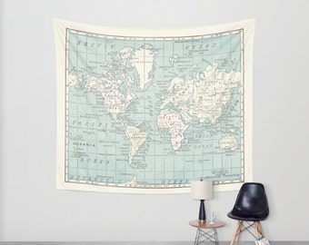 World Map Wall Tapestry - vintage map, dorm room decor, Blue and cream beautiful map, travel decor, wall decor, den, bedroom, library