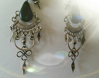 Malachite and Silver Earrings, Peruvian Boho style