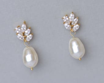 Gold Wedding Earrings, Crystal Bridal Earrings, Pearl Drop Earrings, Crystal & Pearl Earrings, Bridal Jewelry, Wedding Jewelry, ARIA